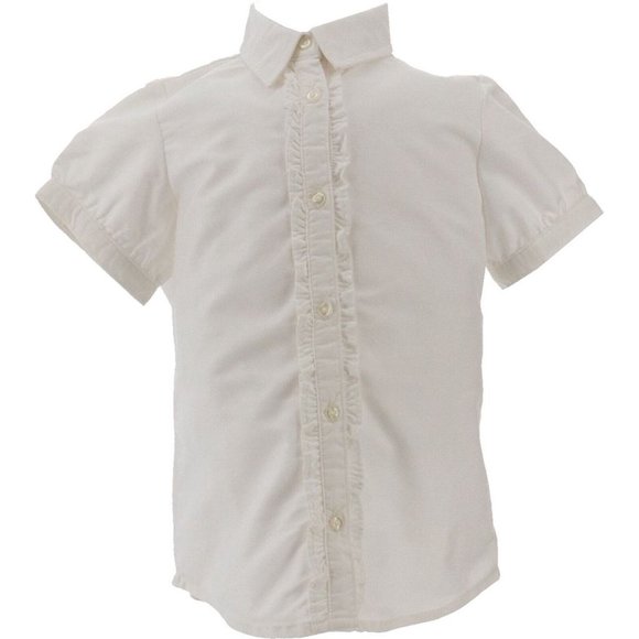 NWT LANDS' END UNIFORM GIRL'S SHORT SLEEVE RUFFLE FRONT OXFORD SHIRT WHITE 6 & 8 - Picture 1 of 11